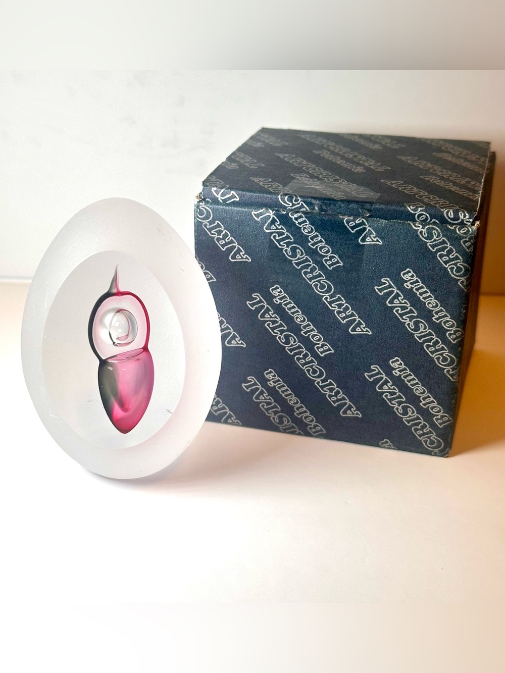 Artcristal Bohemia Pink Black Art Glass Paperweight Original Box